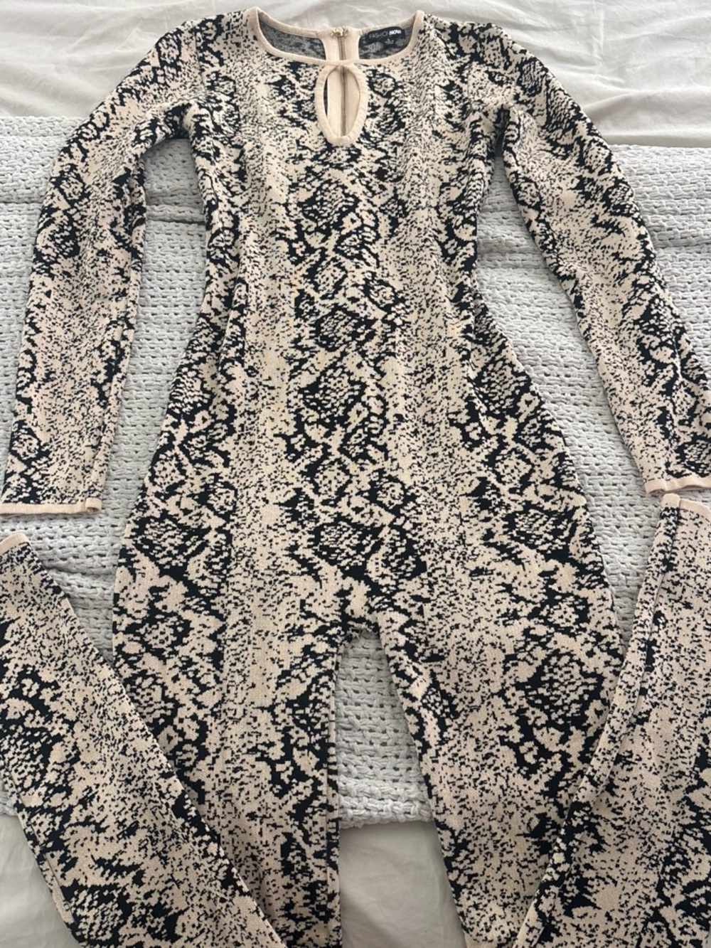 Fashion Nova Beige and Black Snake Print Long Sleeve Jumpsuit
